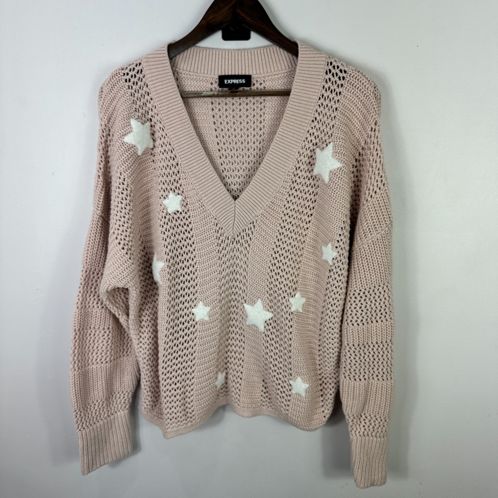 Express Star Knit Pullover Sweater Womens Medium Pink V Neck Celestial Soft Girl